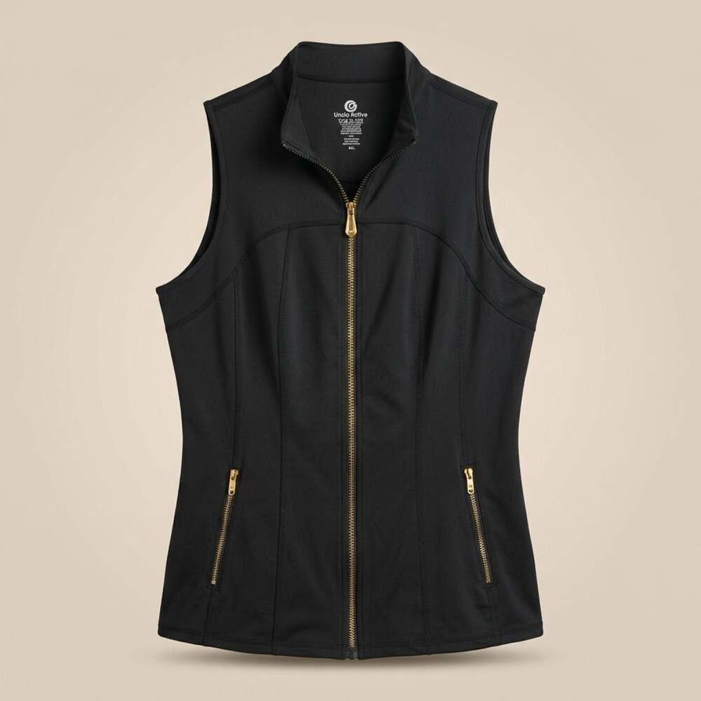 Uncia Active Black Full-Zip Performance Vest with Gold Hardware